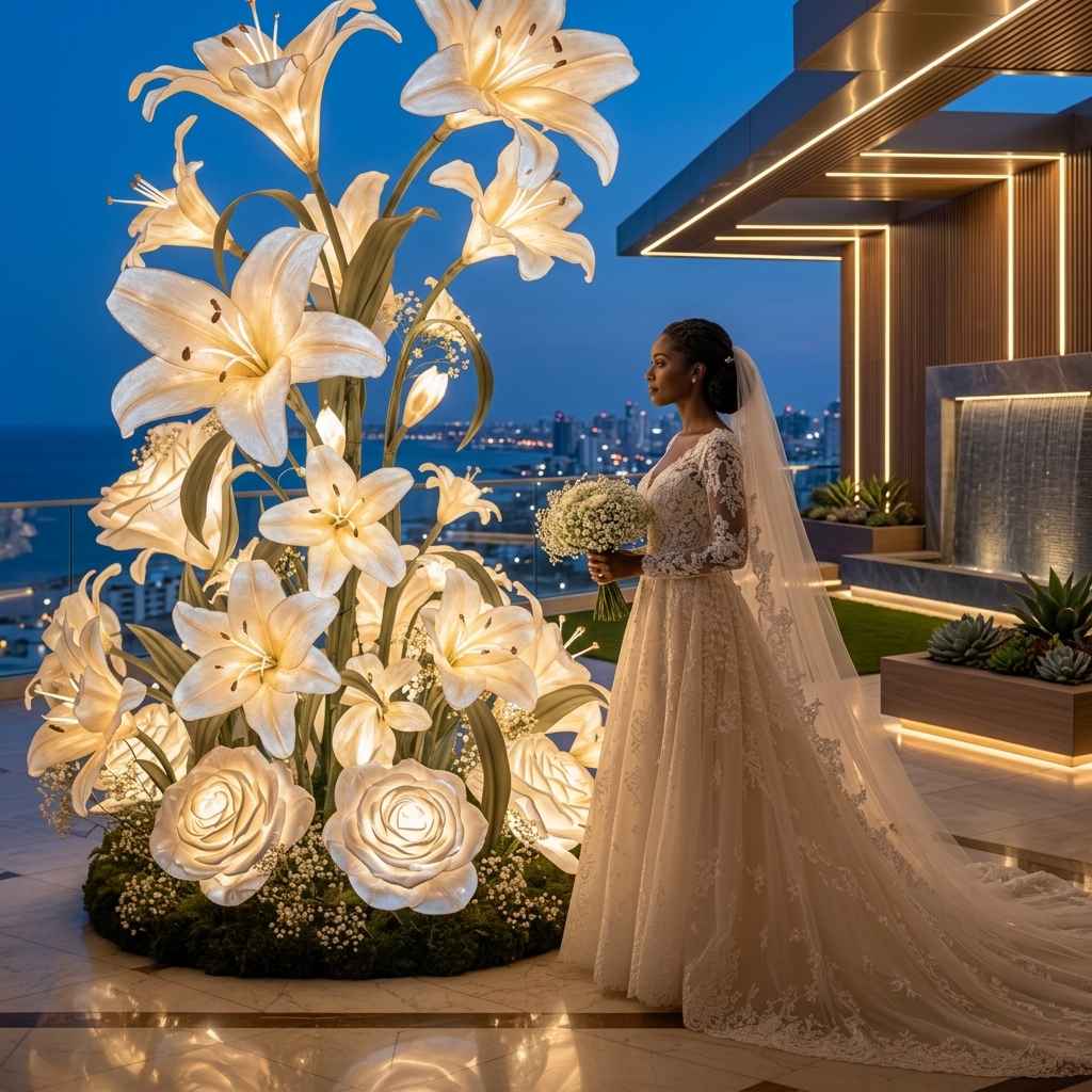 Bride beside a tower of illuminated white lilies and roses on a clifftop terrace