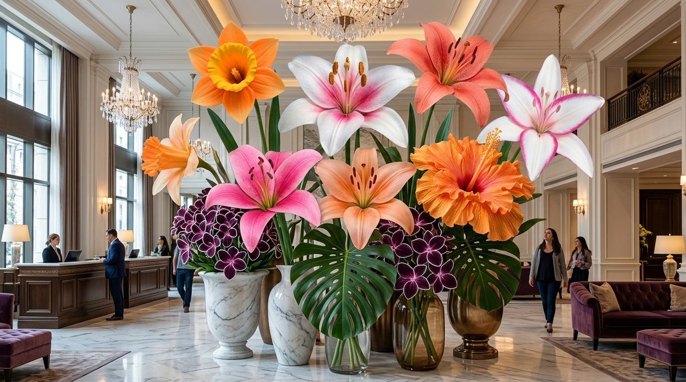Giant lily and orchid arrangement in a luxury hotel lobby