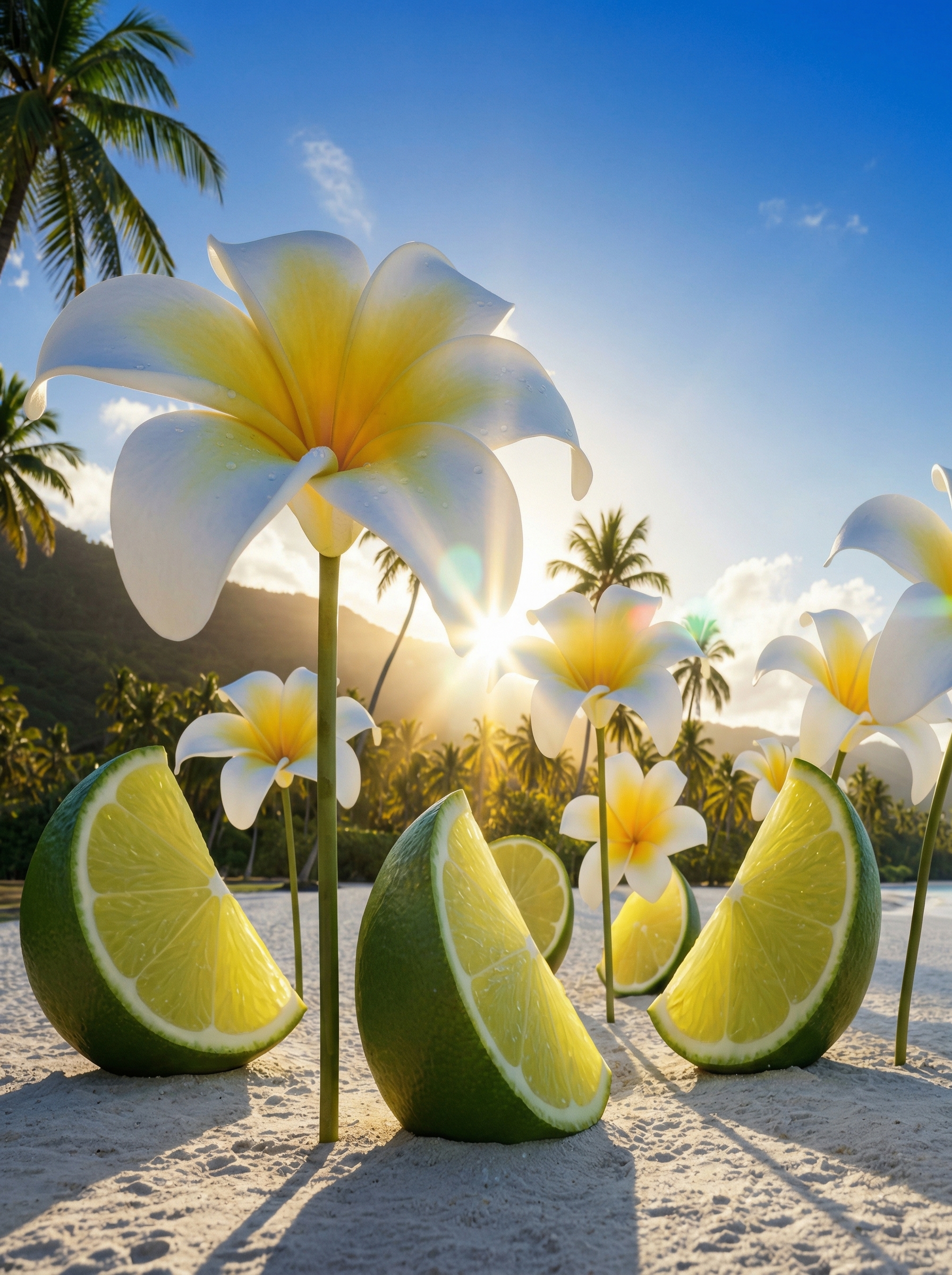 Plumeria flowers and citrus halves on a sunlit beach with palm trees