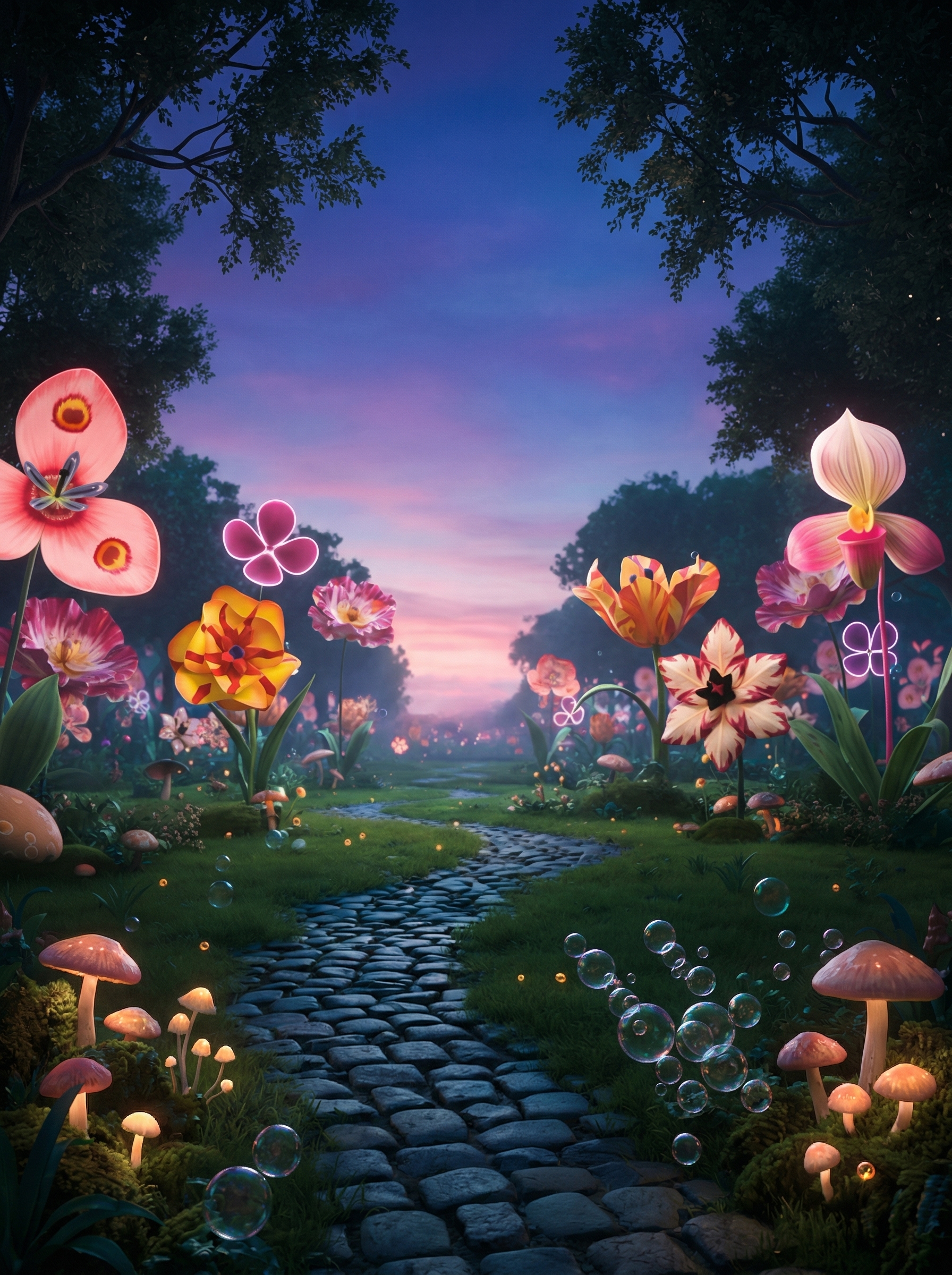 Cobblestone path through a twilight forest of giant flowers, mushrooms and bubbles