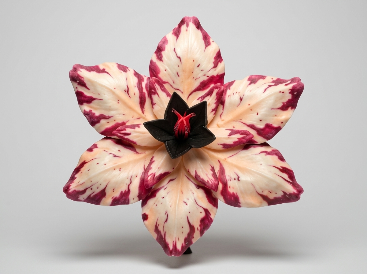 Pink lily-style bloom with detailed petal veining