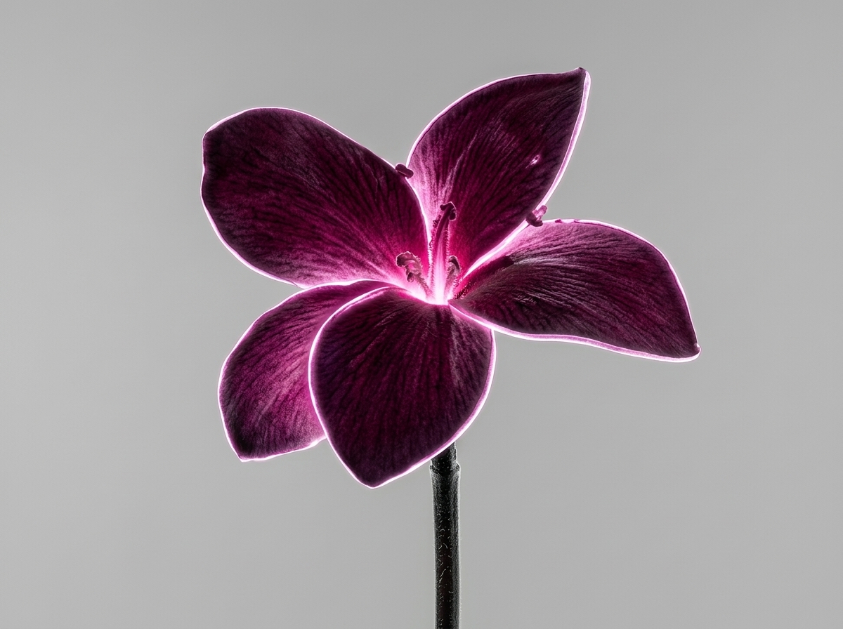 Dramatic deep-magenta plumeria bloom on a pale grey backdrop